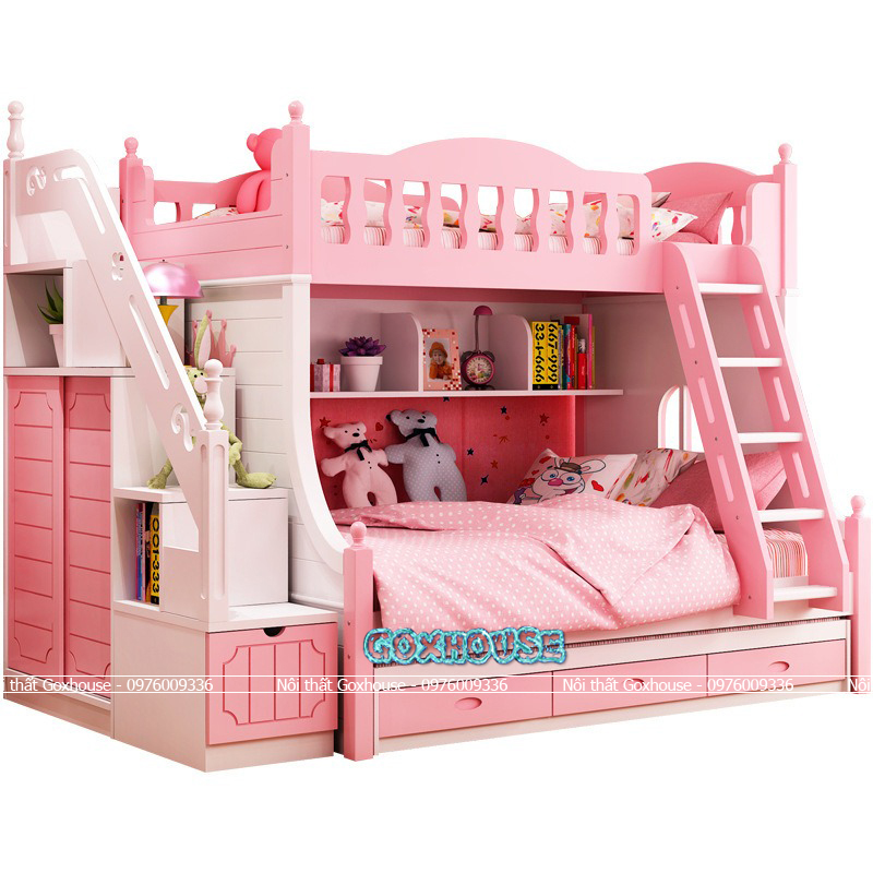 Giường tầng cho bé gái màu hồng xinh