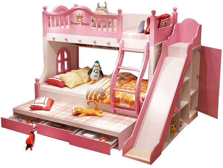 Giường tầng cho bé gái màu hồng có cầu trượt GTBGH02