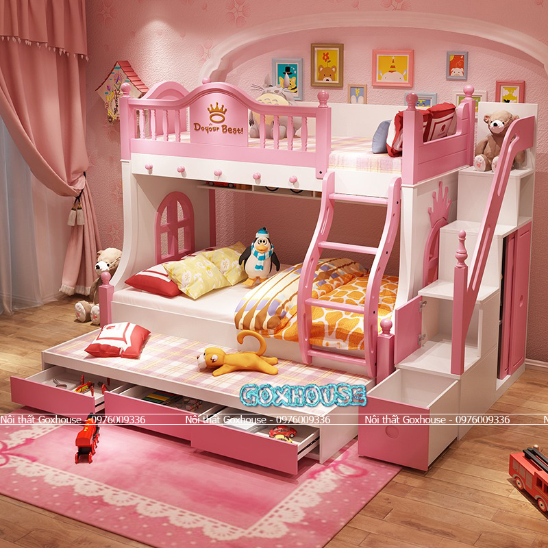Giường tầng cho bé gái màu hồng có cầu trượt GTBGH02