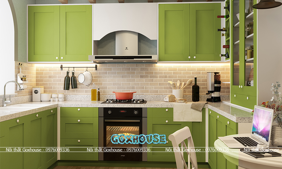 Tủ bếp chữ u màu xanh lục toàn bộ sát tường