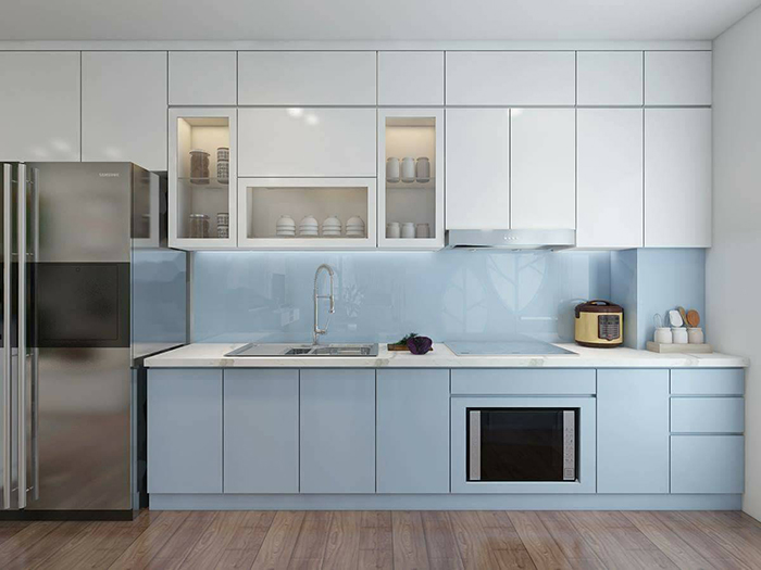 Tủ bếp laminate xanh trắng kết hợp